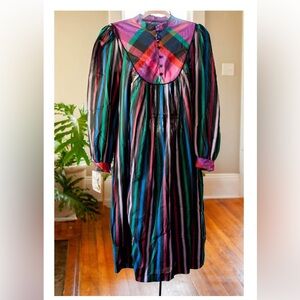 Vintage 1970’s bib collard Bohemian multicolored dress. Midi. Baby doll